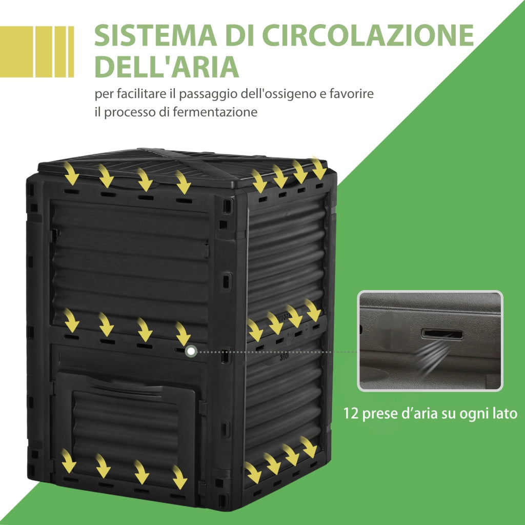 EasyComfort Compostiera da Giardino, Compostiera Domestica da 300L in Plastica Nera, Bidone per Compost con Coperchio a Incastro