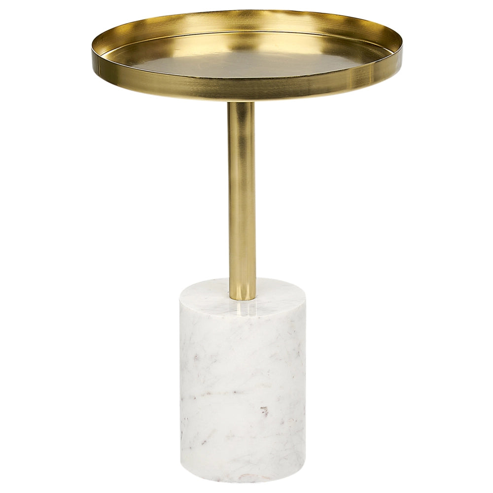Tavolino moderno rotondo forma geometrica piano in pietra base in metallo bianco e oro soggiorno elegante