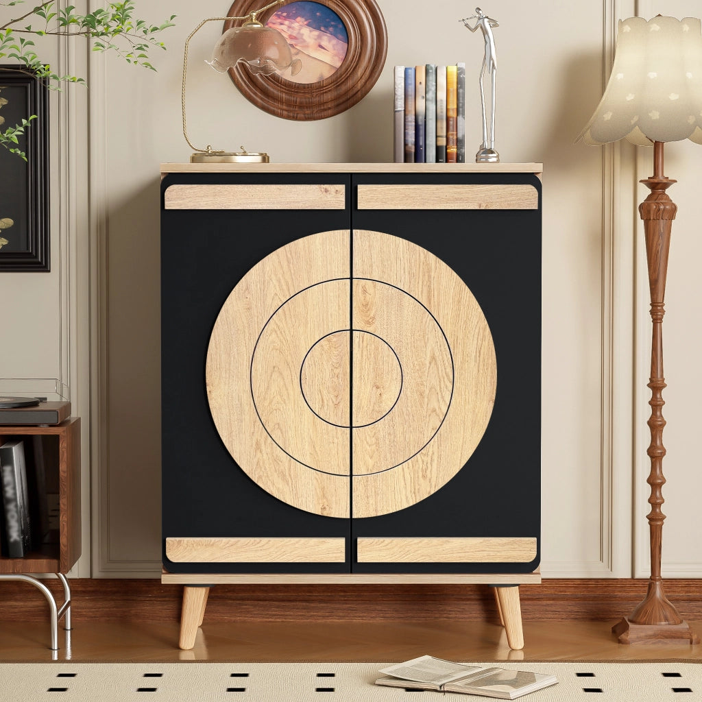Mobile Scarpiera con 2 Ante Geometriche Rotonde; Ripiani Multilivello; Stile Moderno; in MDF; Nero; 76×37×98;5 cm