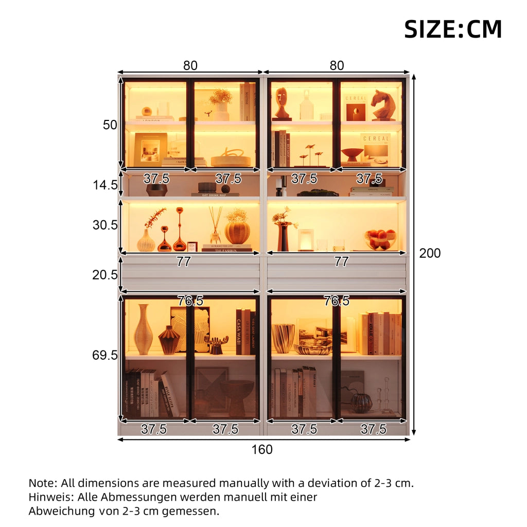 Vetrina con LED e 1 cassetto per soggiorno in MDF bianco 80 × 35 × 200 cm