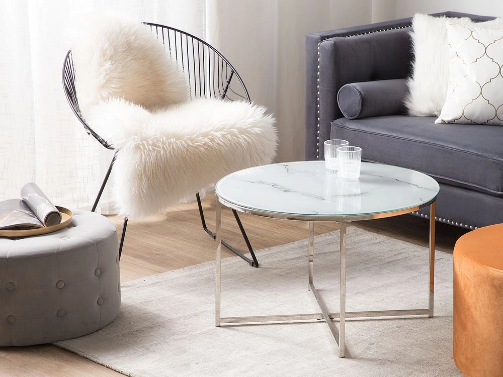 Tavolino Rotondo Effetto Marmo Bianco Base Argento 70 cm Glam Moderno Minimalista