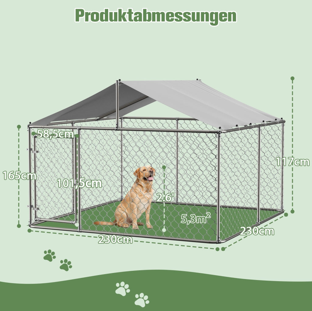 Recinto per cani 230x230x117 cm con tetto; struttura robusta in acciaio zincato; argento