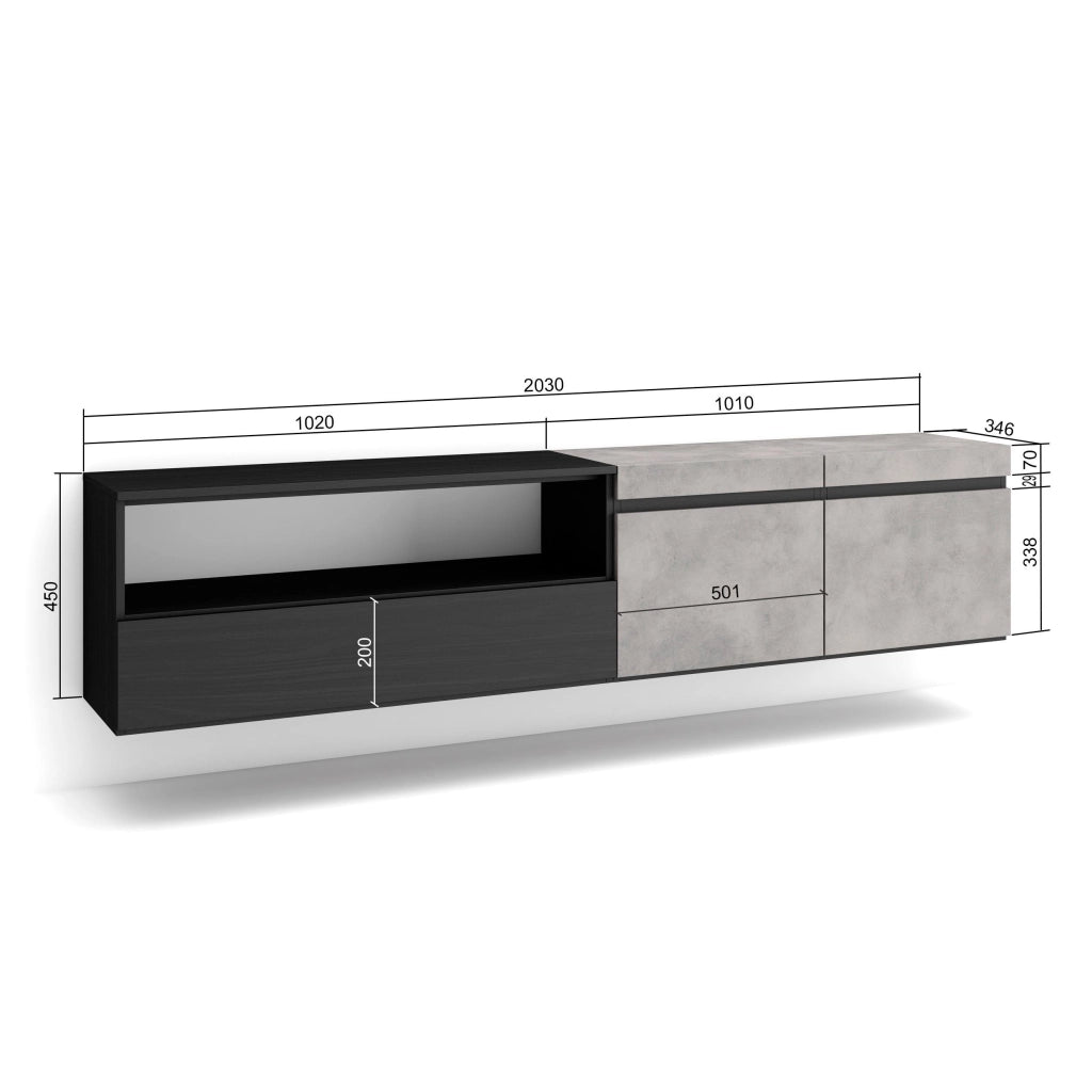 Mobile TV, 200x35x45cm, soggiorno, Per TV fino a 80", da appendere, grigio cemento RF2234