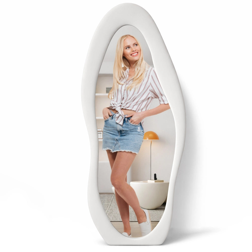 Specchio Grande Ondulato con Cornice Rivestimento in Velluto Bianco 60 x 160 cm