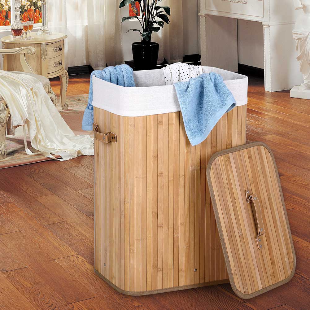 Cesto Biancheria Sporca Pieghevole in Bambu e Tessuto Portabiancheria con Manici