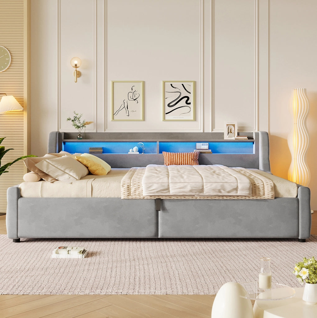 Letto imbottito 140x200 cm grigio con LED e contenitore