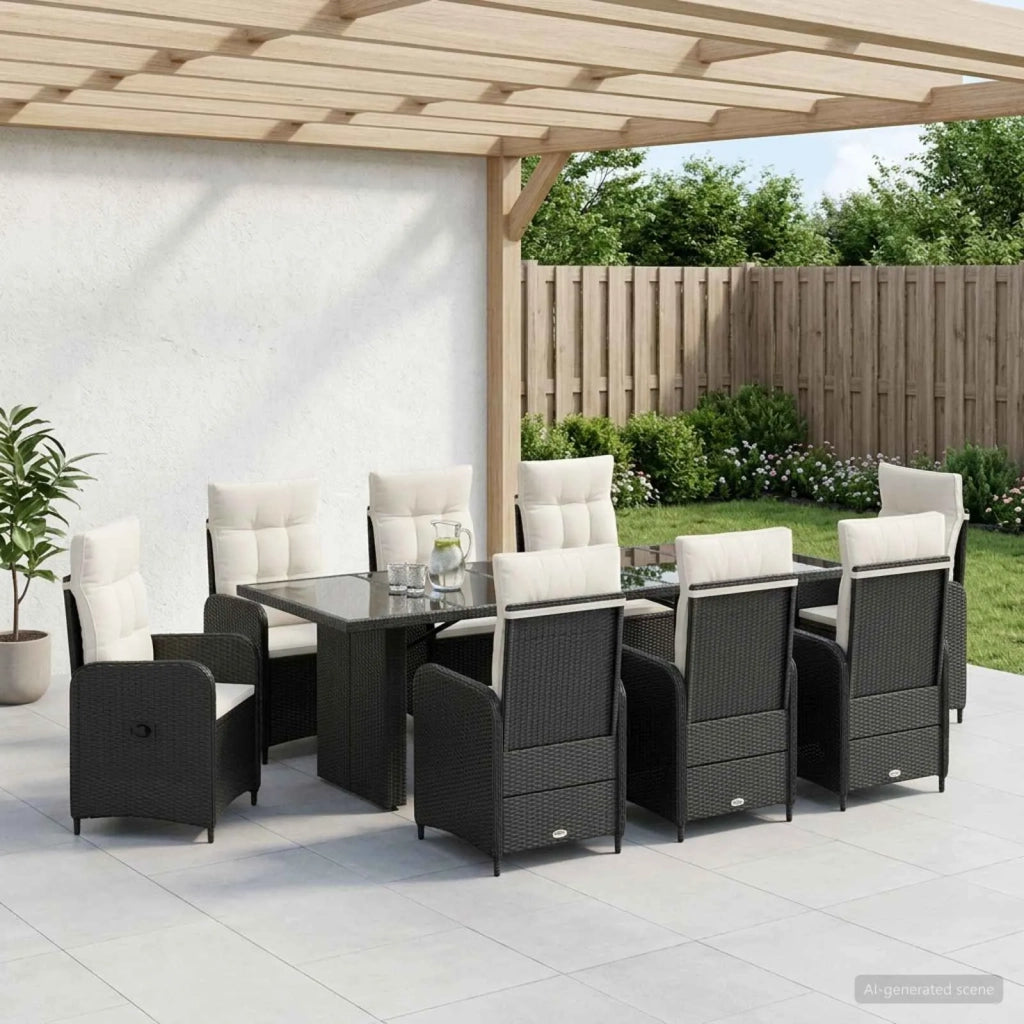 Set da pranzo per esterni 9 pz Nero e Bianco Crema polyrattan 3422383