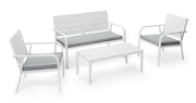 Set Salotto da Giardino Divano 2 Poltrone e Tavolino in Acciaio Bianco