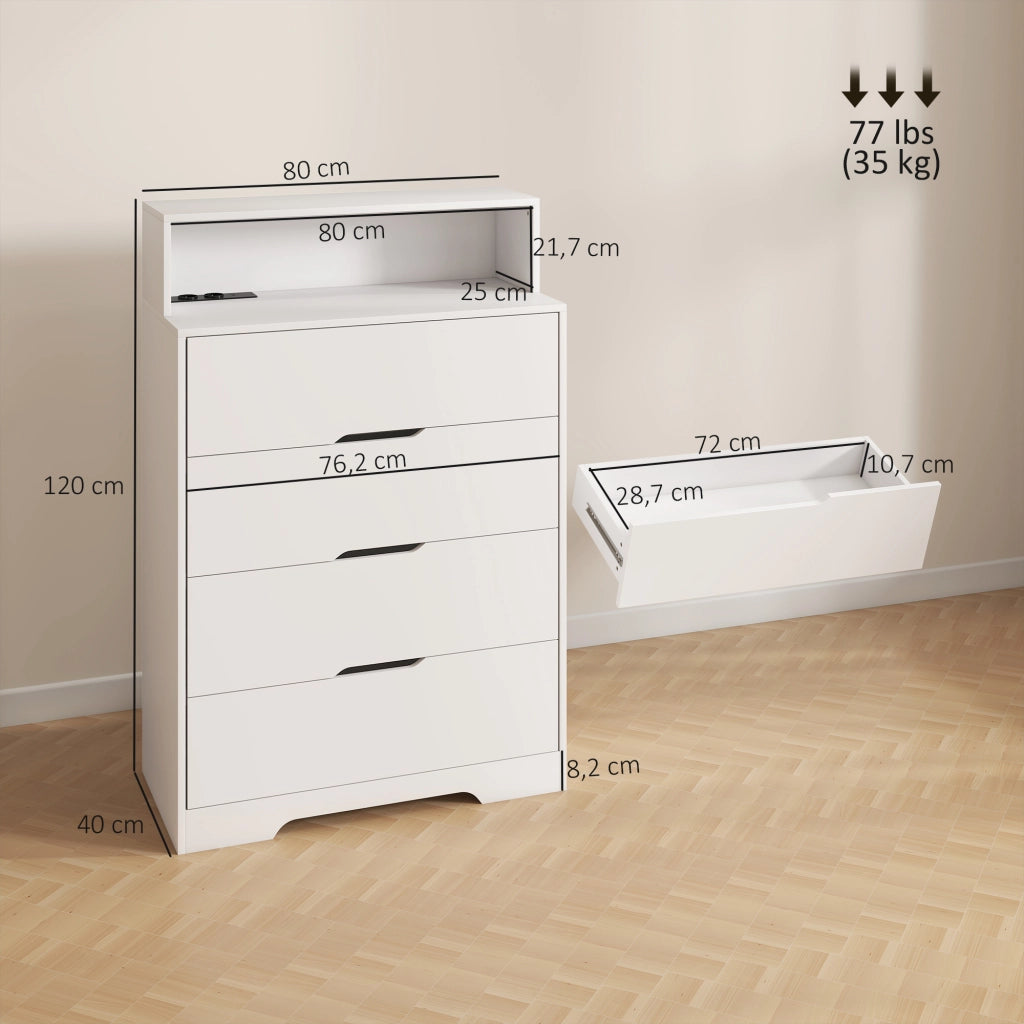 Cassettiera con 4 Cassetti e Stazione di Ricarica USB USB-C ¨C zephmum ¨C Bianco 80x40x120 cm