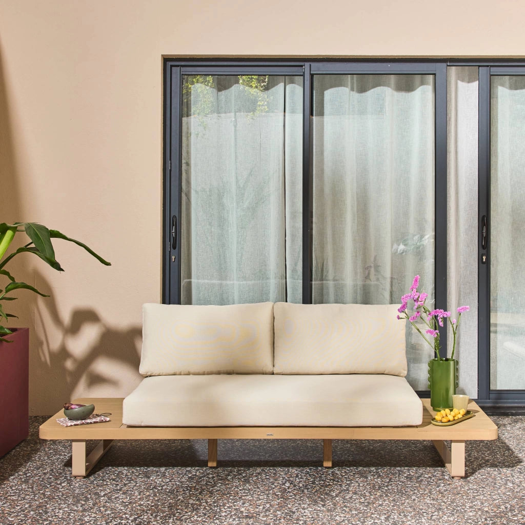 Panca da giardino in legno di acacia e alluminio, 2 posti, beige