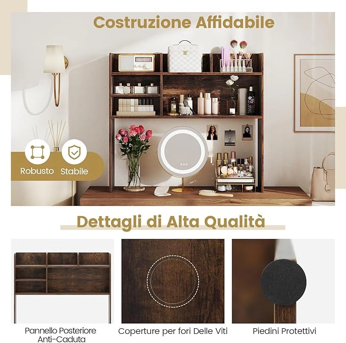 Libreria da Scrivania, Scaffale da Scrivania con 6 Ripiani in Legno, Scomparto Aperto per Monitor 32", Espositore per Dormitori Uffici Studio, 94 x 24 x 85 cm (Marrone)