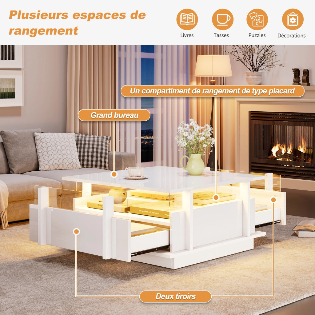Tavolino da caffè con 2 cassetti e LED - per soggiorno - in truciolare - 70×70×35 cm - bianco