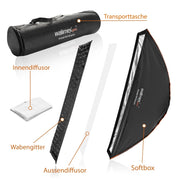 Studio Line Striplight SB QA - Softbox per luce radente, superficie 30x140cm, profondità 49,5cm, pieghevole, con griglia, diffusore interno ed esterno, anello di velocità
