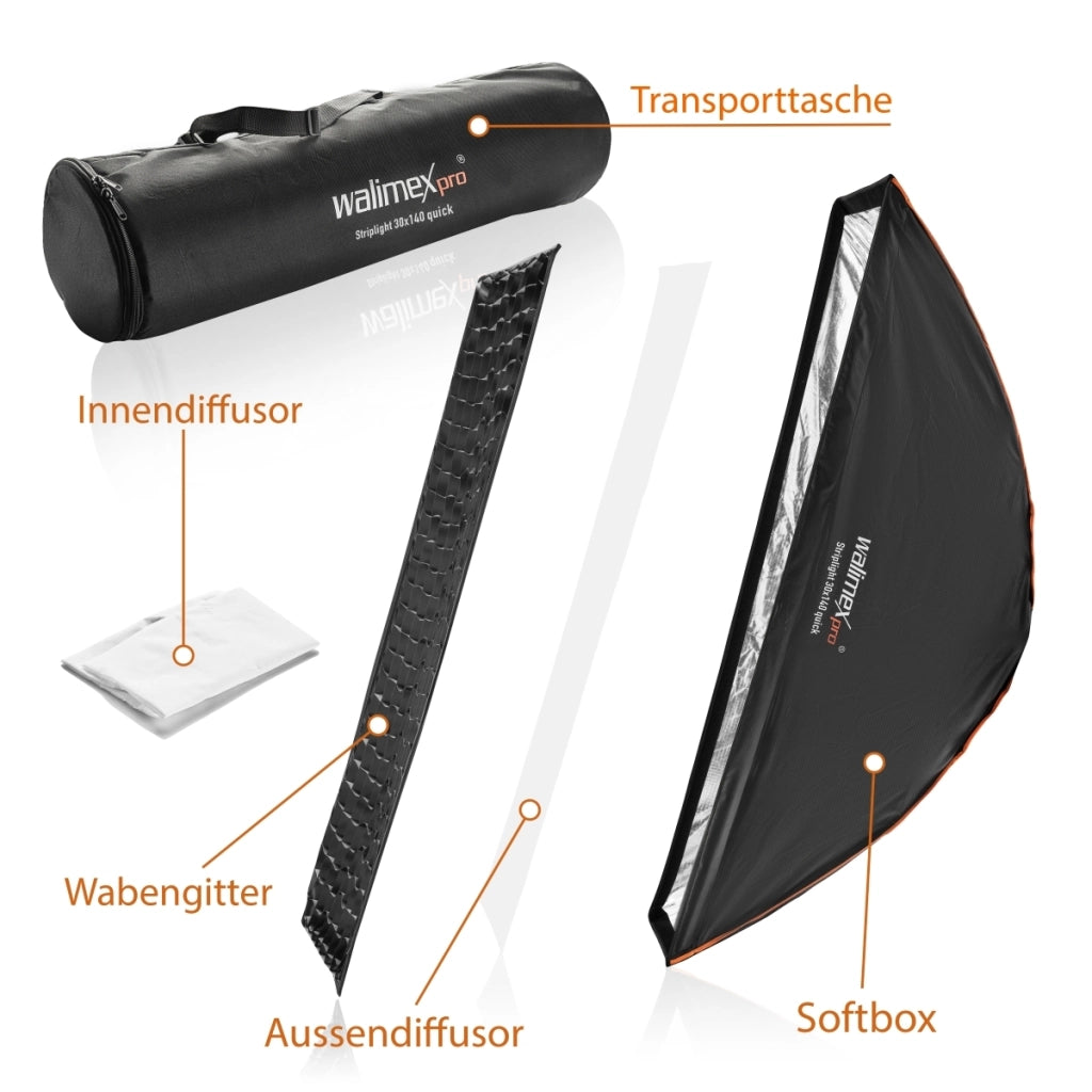 Studio Line Striplight SB QA - Softbox per luce radente, superficie 30x140cm, profondità 49,5cm, pieghevole, con griglia, diffusore interno ed esterno, anello di velocità