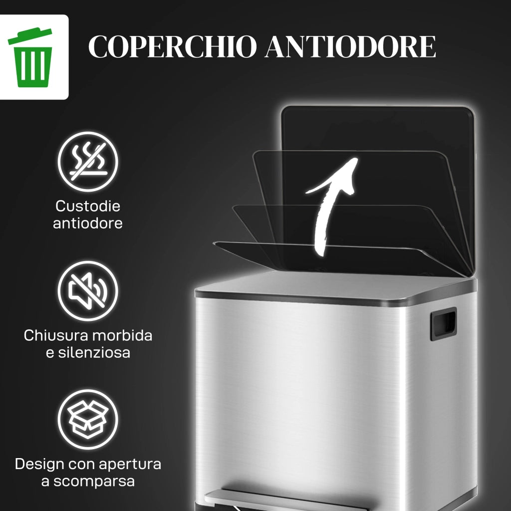 Pattumiera a Pedale 2 Sezioni 15L 41,8x36,7x44 cm in Acciaio Inox e PP