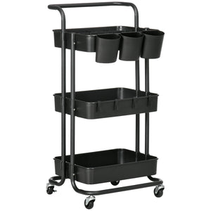 Carrello da Cucina Multiuso 3 Livelli con Accessori Nero