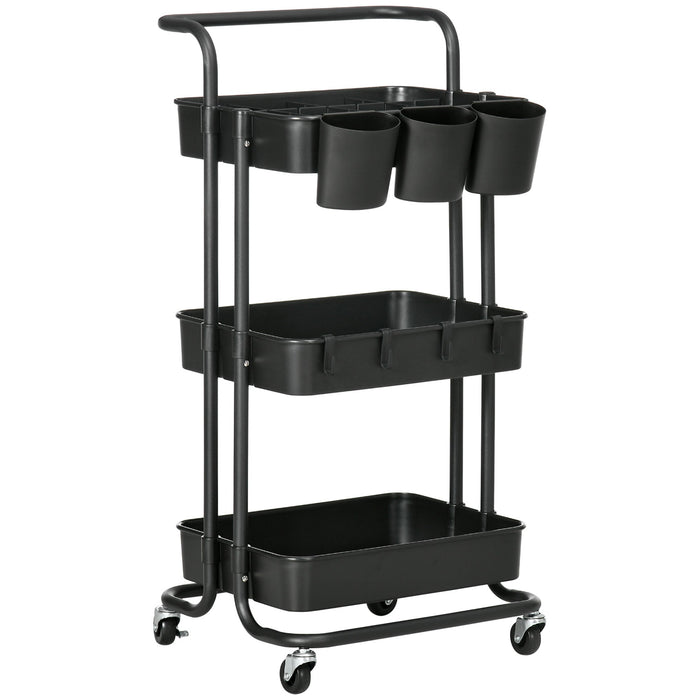 Carrello da Cucina Multiuso 3 Livelli con Accessori Nero
