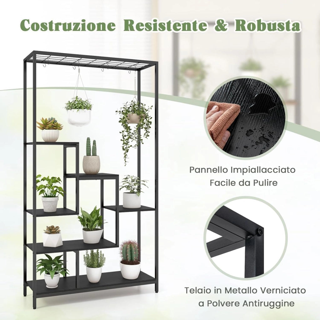 Scaffale Porta Piante a 6 Livelli, Scaffale per Fiori in Metallo da Interno con 10 Ganci e Ripiani per Piante, Porta Vasi da Balcone e Soggiorno