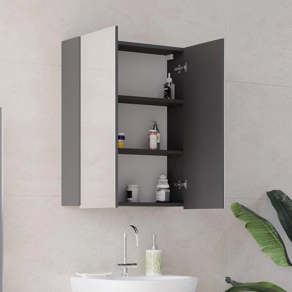Specchio contenitore bagno Fredd, Antracite lucido, 60 x 77 cm, a parete con due ripiani interni regolabili