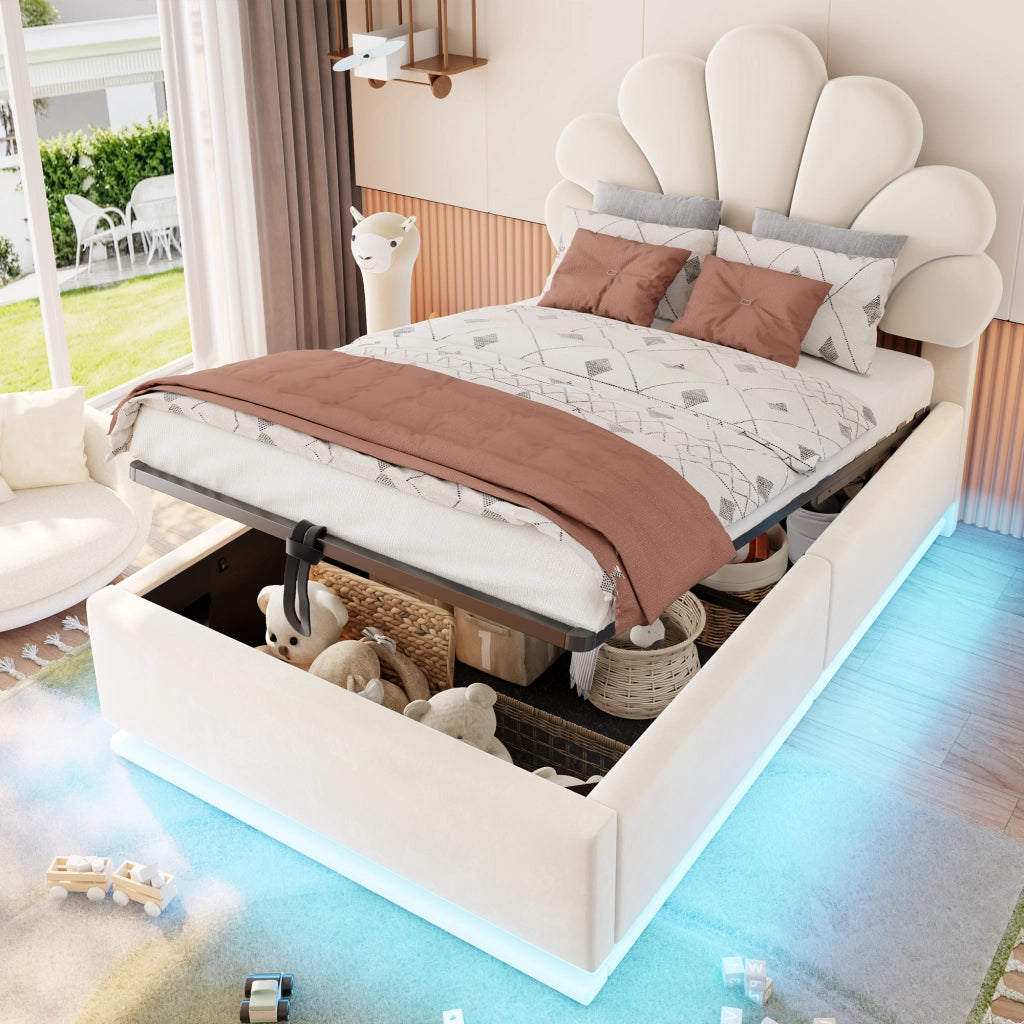 Letto imbottito 90x200 cm con contenitore idraulico e LED in velluto beige