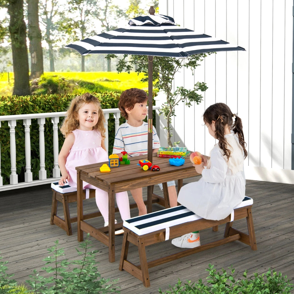 Tavolo da picnic per bambini con ombrello, Set di tavolo e panca in legno con cuscini  per attivit¨¤ Blu-Tavoli e sedie