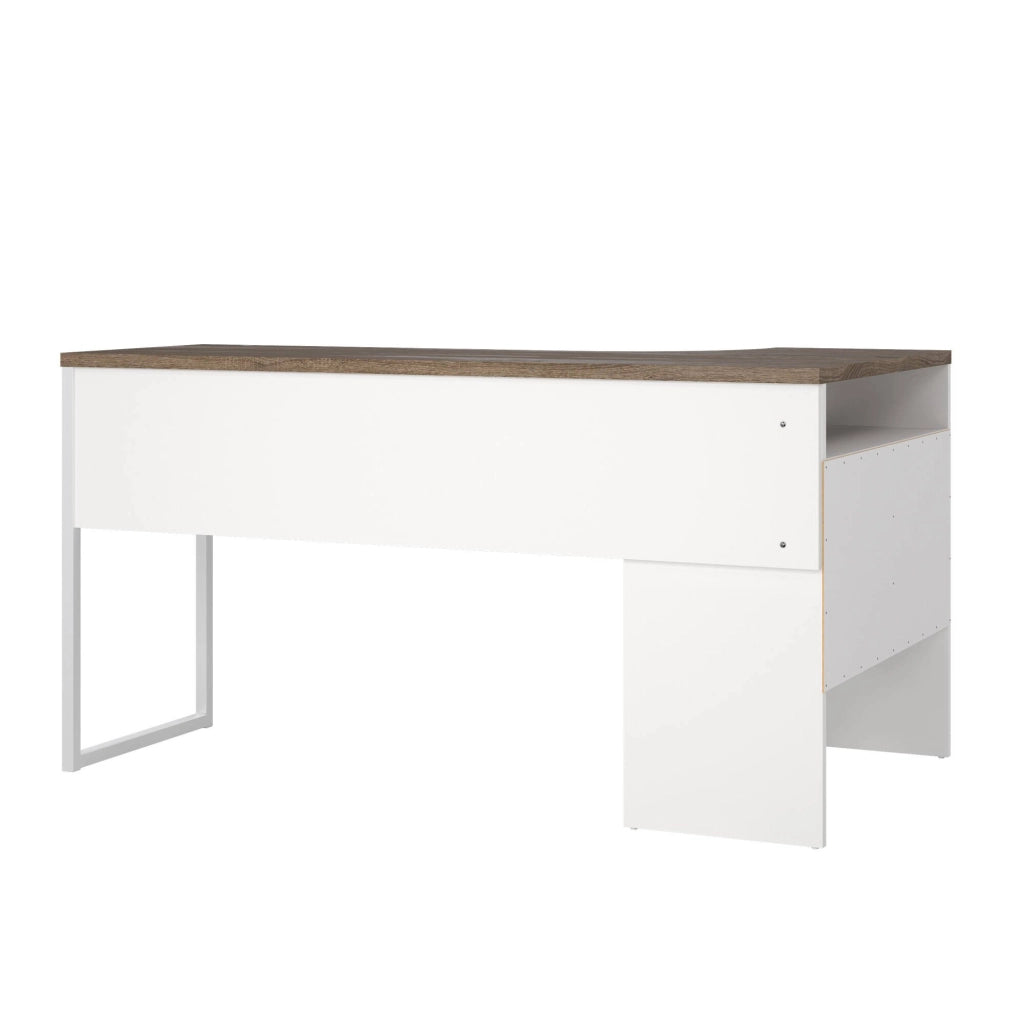 Scrivania ad angolo con due Moire, colore bianco e quercia, cm 145 x 76 x 81