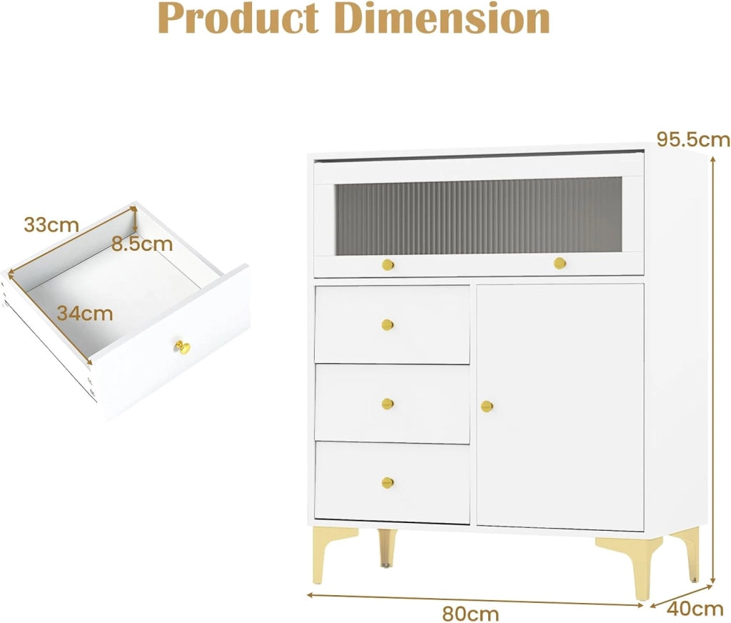 Cassettiera con cassetti e porta in vetro, armadietto a buffet, con piedini in metallo, credenza 80 x 40 x 95,5 cm, bianco, multiuso, in legno, per soggiorno, corridoio