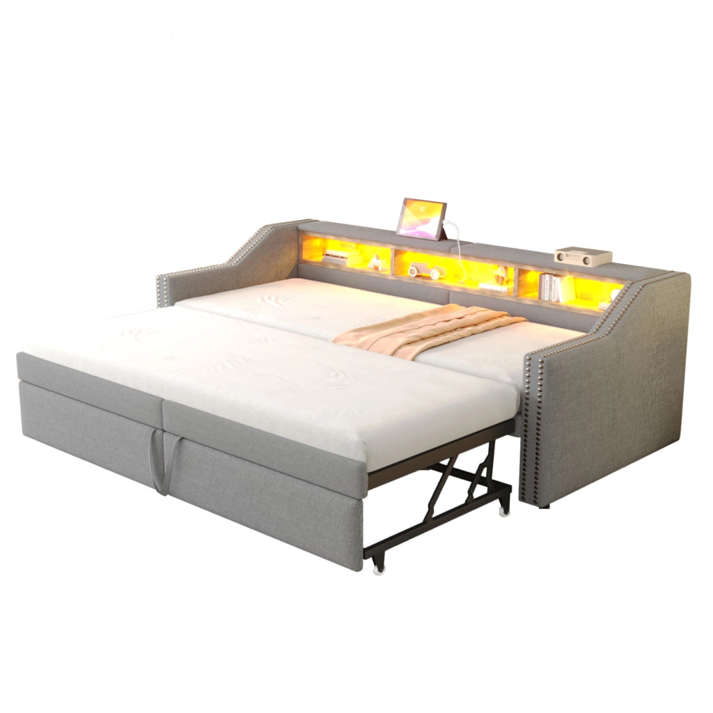 Divano letto estraibile 90/180x200 cm grigio chiaro LED USB
