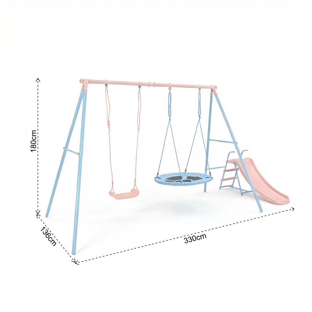 Area giochi per bambini con due altalene e scivolo per giardino in acciaio blu e rosa 120×40×26 cm