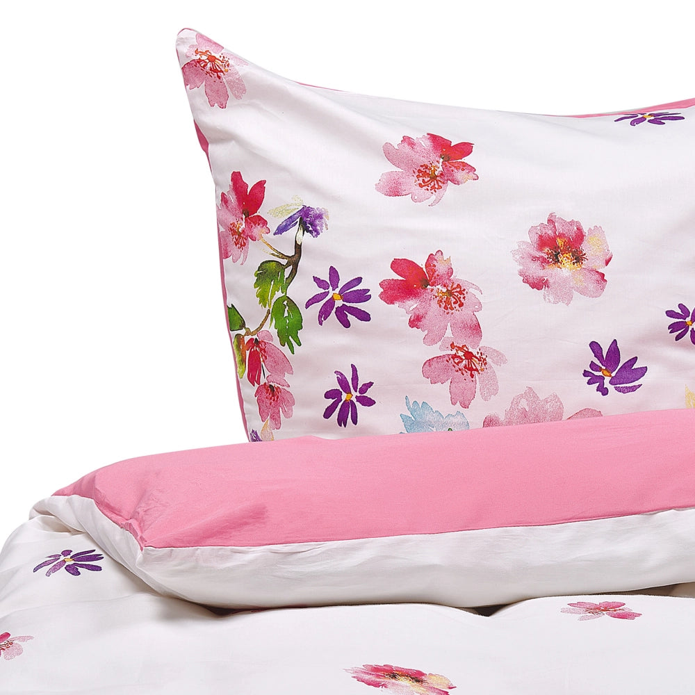 Set Copripiumino e Federa Bianco e Rosa 155 x 220 cm Cotone Stampa Floreale Camera da Letto Moderna