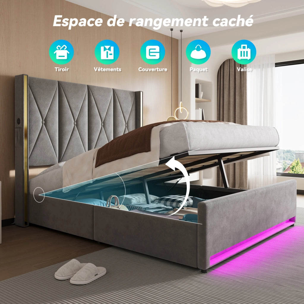 Letto Contenitore 160x200 cm; Matrimoniale; USB; Type-C; LED; Tasche; Velluto; Grigio Scuro