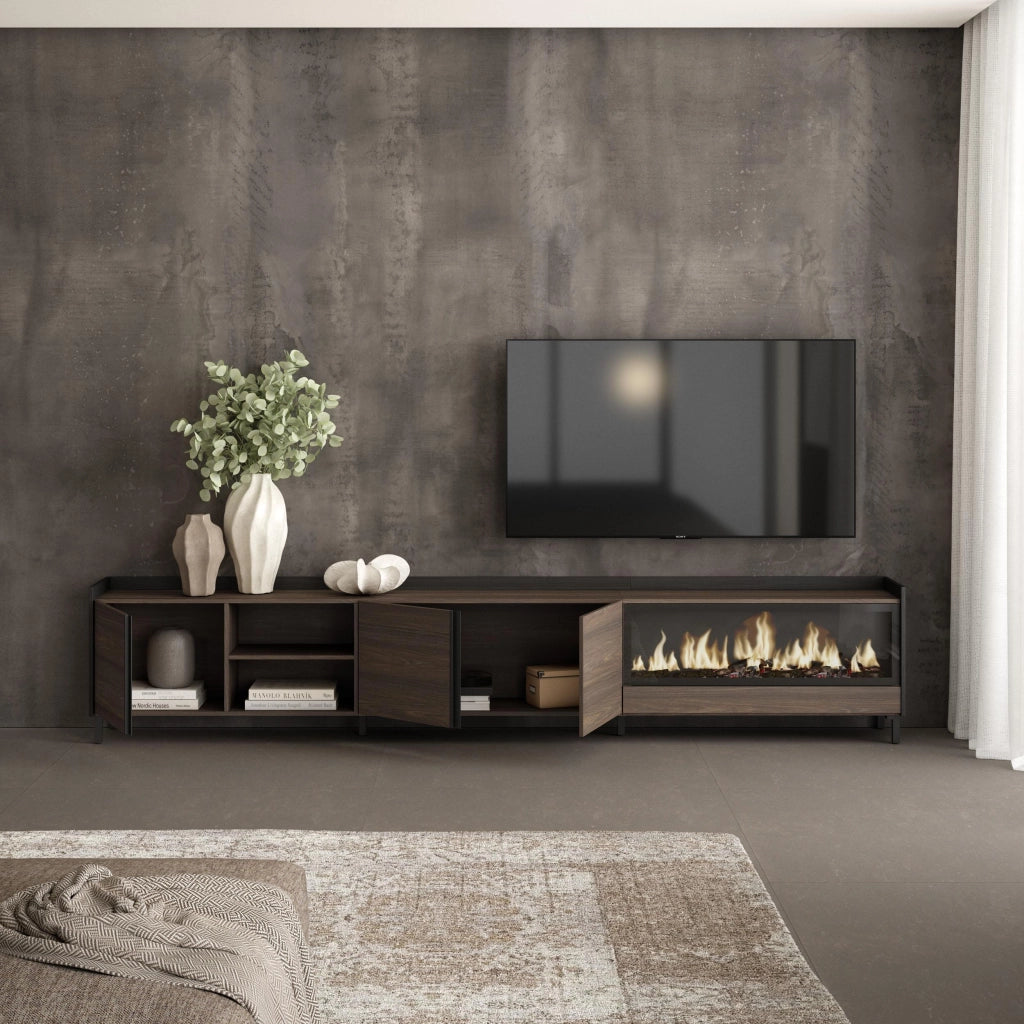 Mobile TV Soggiorno, 315x61x35 cm, Per TV fino a 80", Camino elettrico XXL, Design industriale, Rovere scuro e Nero