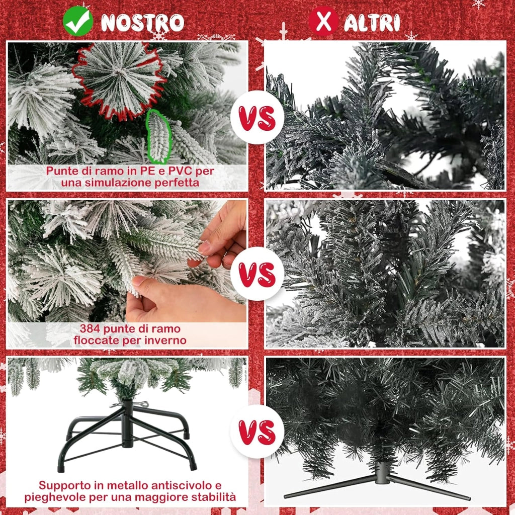Albero di Natale Innevato136/186/215 cm, Albero di Natale con 150/250/300 Luci LED Bianco Caldo, 384/752/1096 Punte di Ramo Miste e Aghi di Pino per Casa e Ufficio (136 cm)