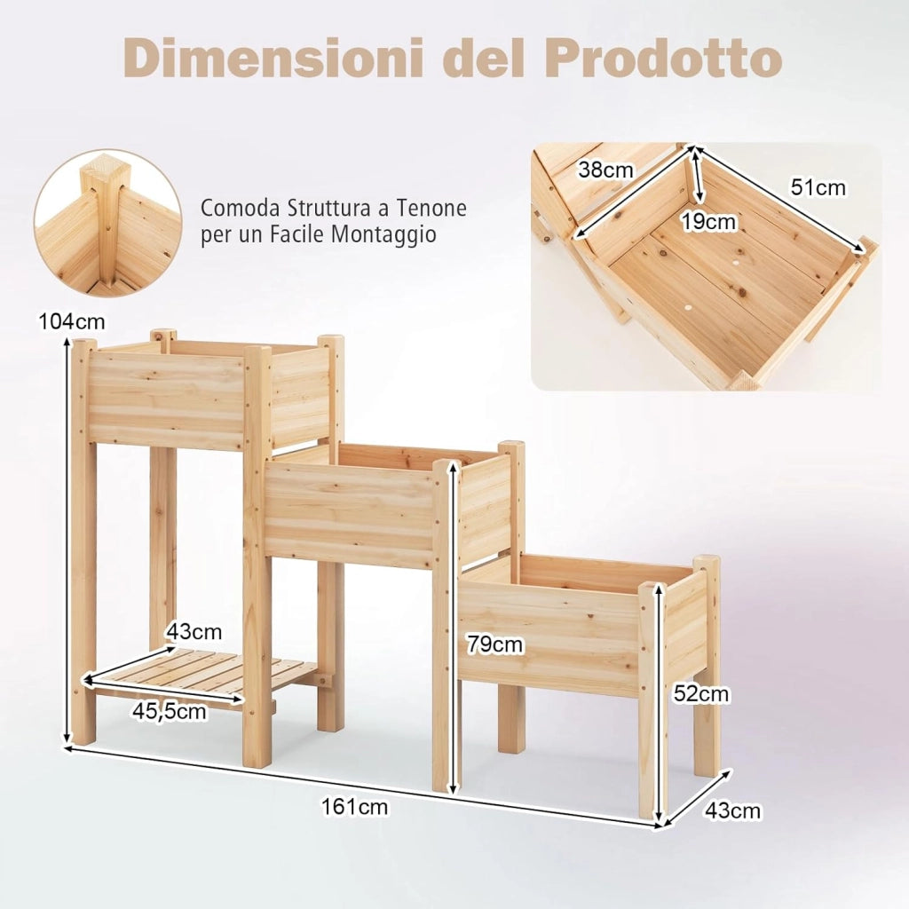 Aiuola da Giardino Rialzata a 3 Livelli in Legno con Ripiano, 3 Fioriere Rialzate, Fori di Drenaggio, Fioriera da Giardino per Frutta, Verdura, Fiore, Erba, 161 cm x 43 cm x 104 cm