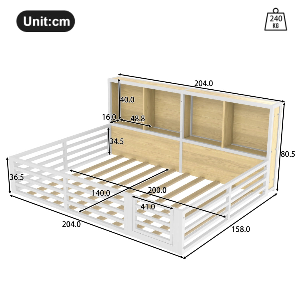 Letto daybed 140x200 cm con sponde di sicurezza; vani laterali e LED; MDF e metallo; bianco