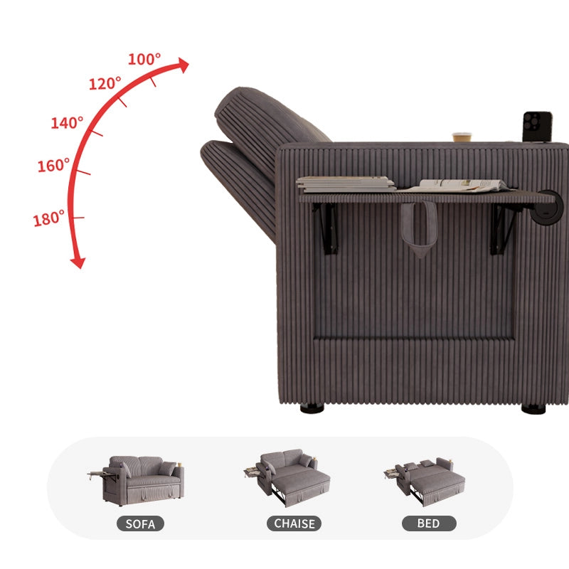 Canapé convertible con schienale regolabile, tavolino pieghevole, porta bicchieri, in velluto a coste grigio