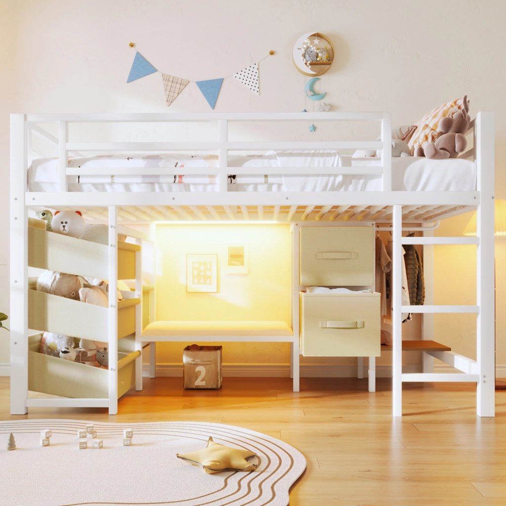 LETTO Semialto 90x200 cm Metallo Bianco con cuscino e contenitori in tessuto