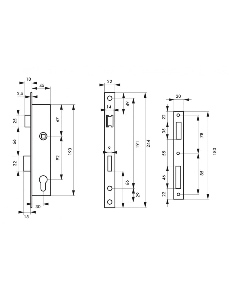 Serratura da incasso con cilindro per infissi in metallo, asse 24mm, L 45, piastra quadra, cilindro 30x30mm, acciaio inossidabile, 3 chiavi - THIRARD