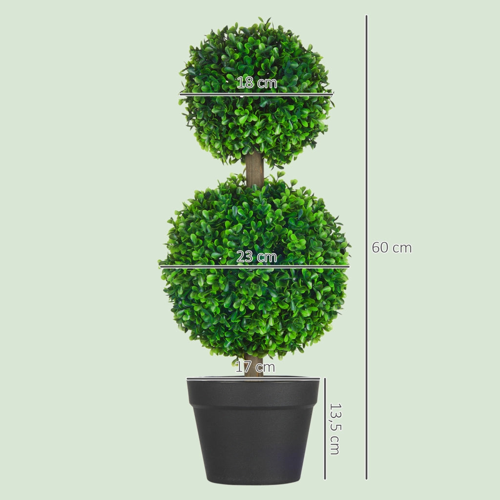 Set da 2 Bosso Artificiale a Doppia Sfera con Tronco e Vaso, Piante Finte Altezza 60 cm, Verde per Interno ed Esterno
