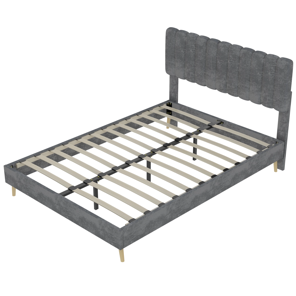 Letto matrimoniale imbottito 140x200 cm in velluto grigio con testiera morbida