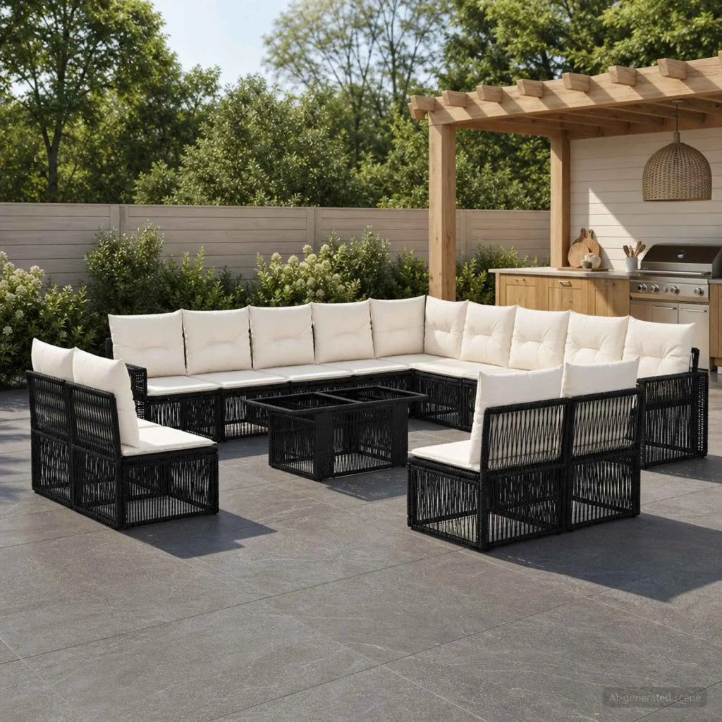Set Divano da Giardino 14 pz Nero e Bianco Crema polyrattan 3436867