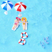 Set di accessori per la spiaggia in miniatura - Anello da nuoto 2,5 cm - Sedie per la spiaggia 5x1,5 cm - Ombrellone da spiaggia 4,1x5,8 cm - Marcatura per il sabbia 3x3 cm - Materiale duraturo e sicuro - Decorazione in miniatura