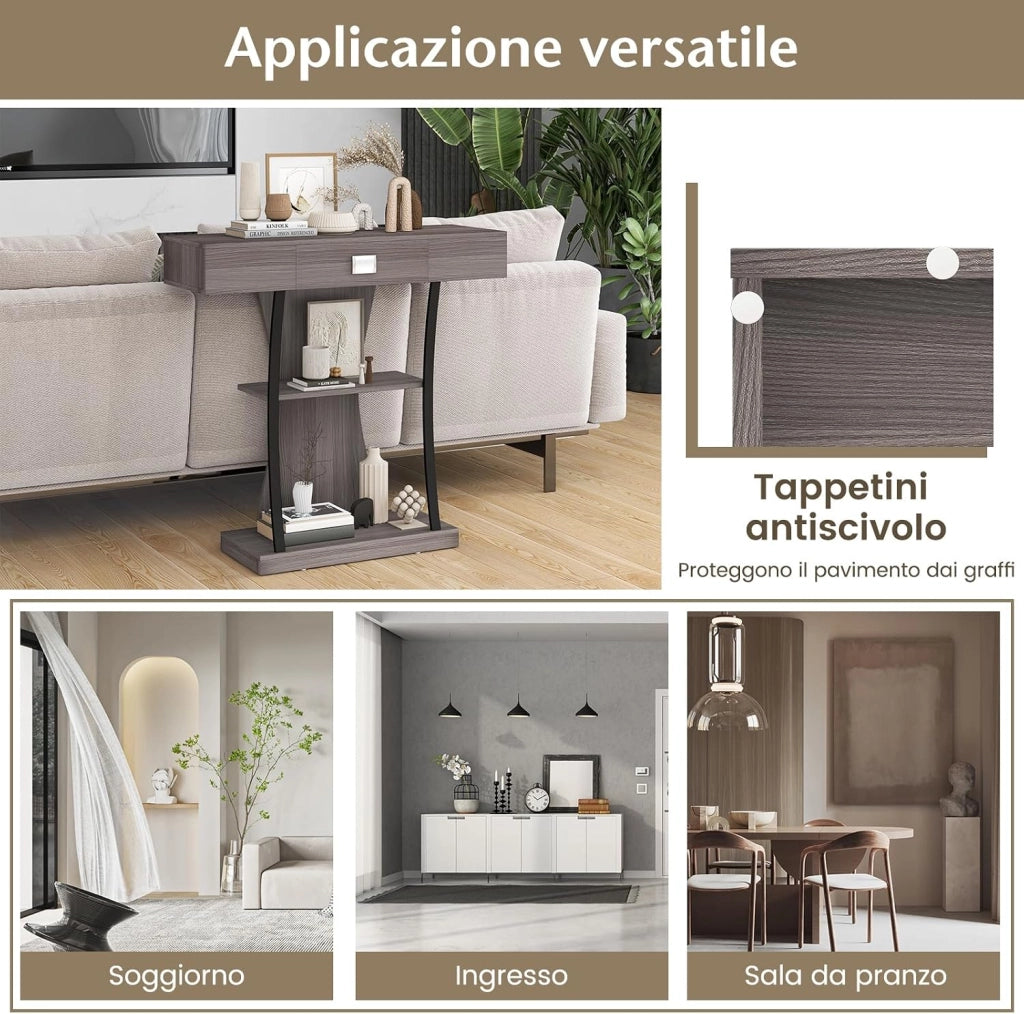 Consolle in Legno con Cassetti, Tavolo Ingresso con Ripiani e 2 Kit Anti-ribaltamento, Multiuso e Salvaspazio per Salotto, Camera da Letto e Corridoio, 91 x 30 x 88 cm (Grigio)
