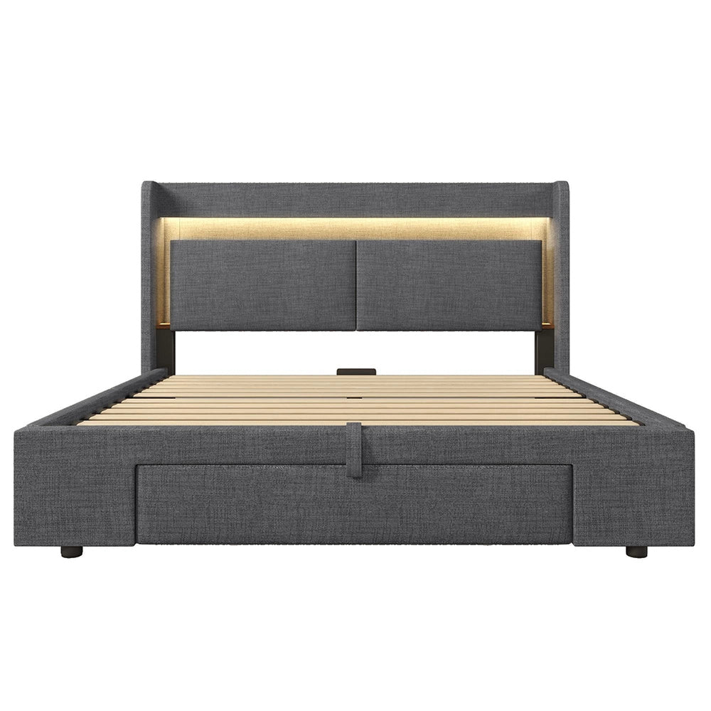 Letto imbottito con testiera - Xylo - 140x200 cm - Grigio lino - Con spazio idraulico, LED, USB, USB-C