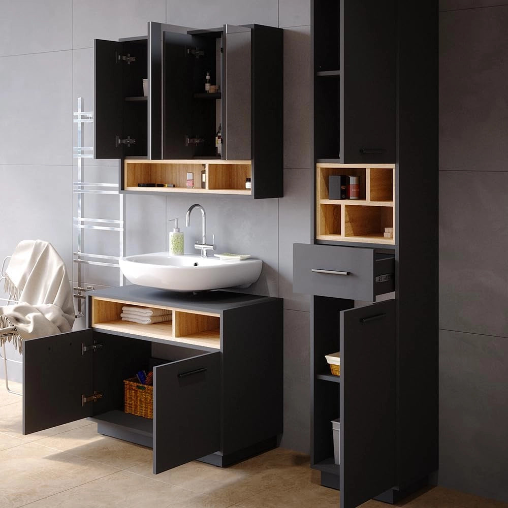 Set mobili bagno Beatrice, Antracite, 80 cm, composto da mobile sottolavabo, specchiera e colonna alta