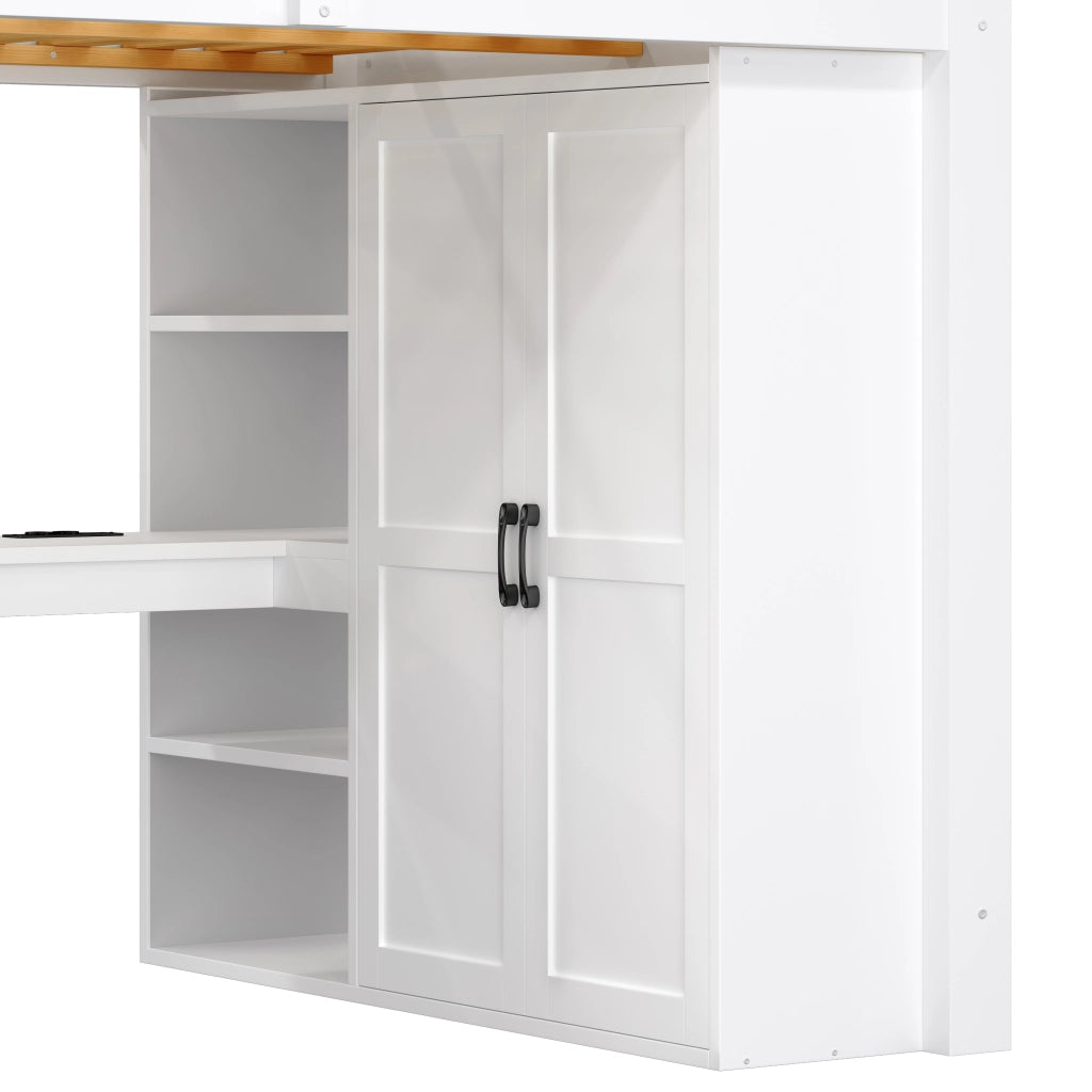 DESMIU Letto a soppalco 140 × 200 cm 2 posti con scrivania, ripiani, armadio, scala contenitore, LED e USB, senza materasso, bianco