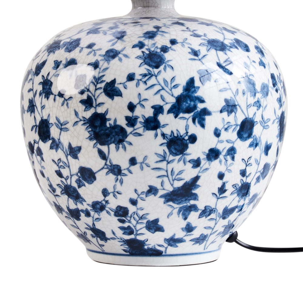 Lampada da tavolo Base in porcellana bianca e blu Paralume a tamburo in lino con patten floreale Illuminazione elegante