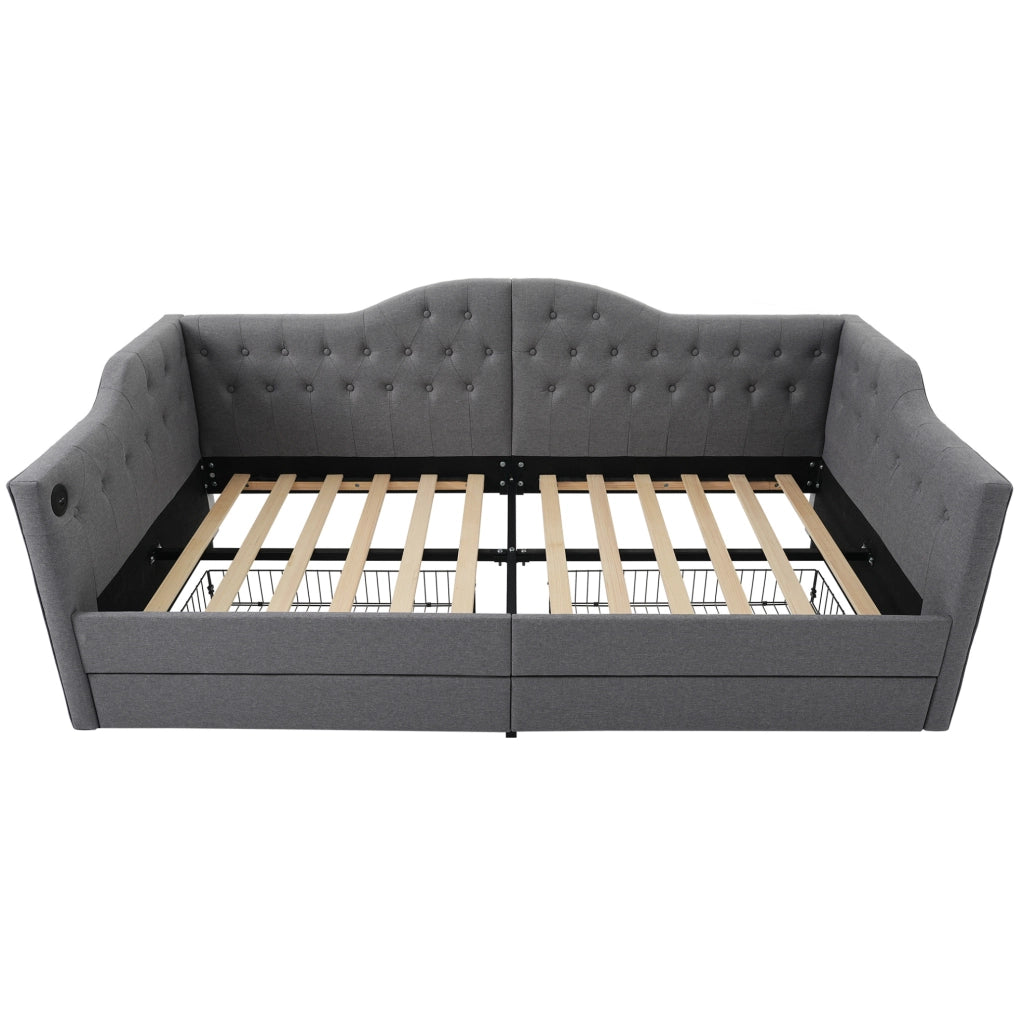 Letto singolo 90x190 cm con 2 cassetti, USB e USB-C in lino grigio