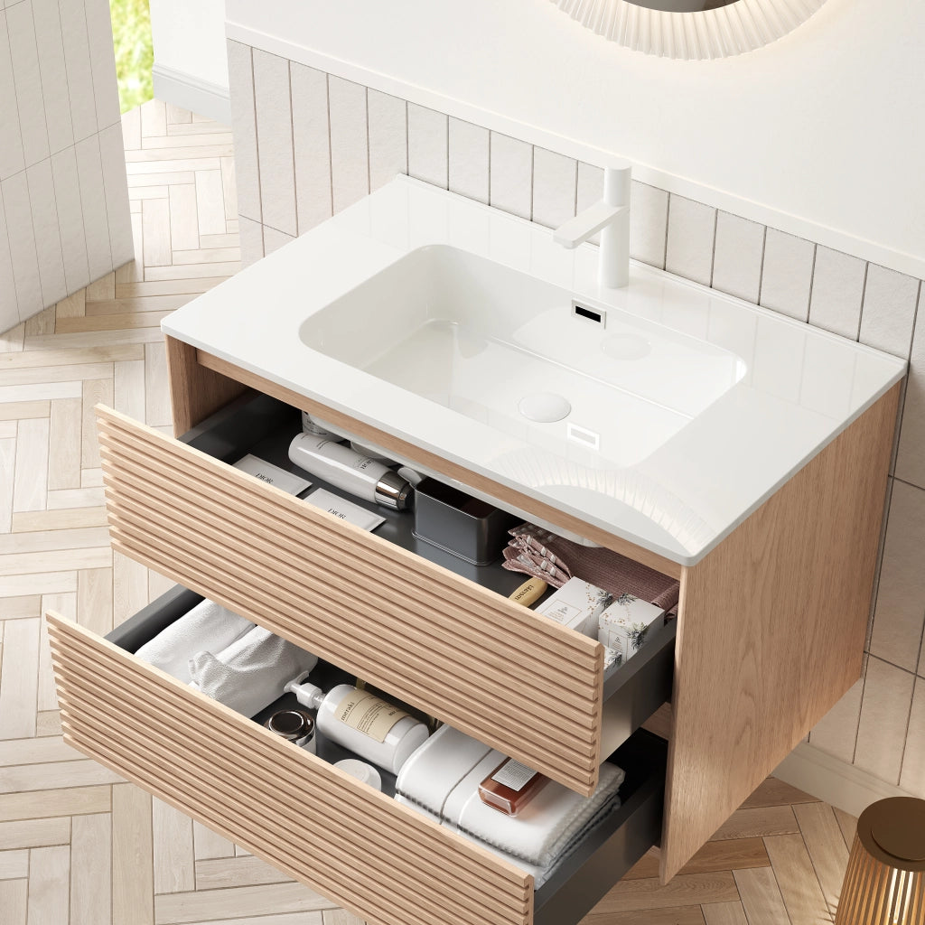 Mobile bagno con lavabo in ceramica e 2 cassetti per bagno; in compensato; bianco e noce; 81×46.5×51.5 cm