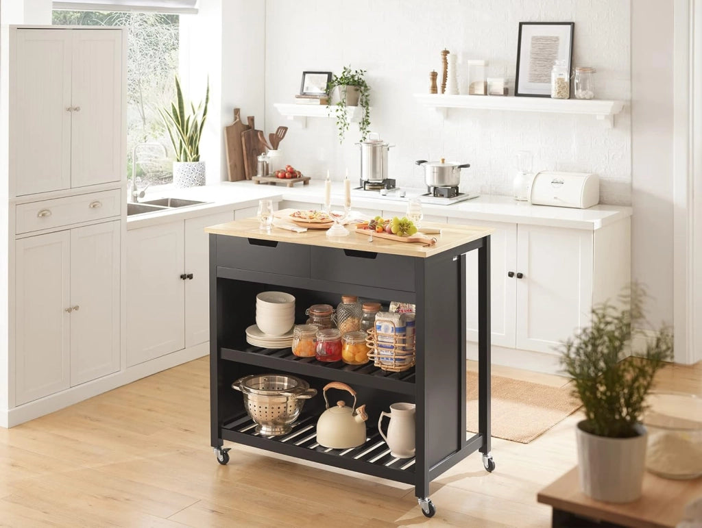 Mobile Cucina Salvaspazio Carrello Cucina con Ruote Credenza Cucina Mobiletto Cucina Dispensa Isola Cucina Mobile Cucina con Cassetti Piano in Legno Nero 98x94x58 cm FKW74-SCH